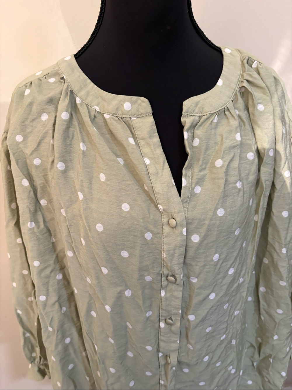 Rose & Olive Pale Sage Green Polka Dot Button-Front Blouse #boho-chic #festivals